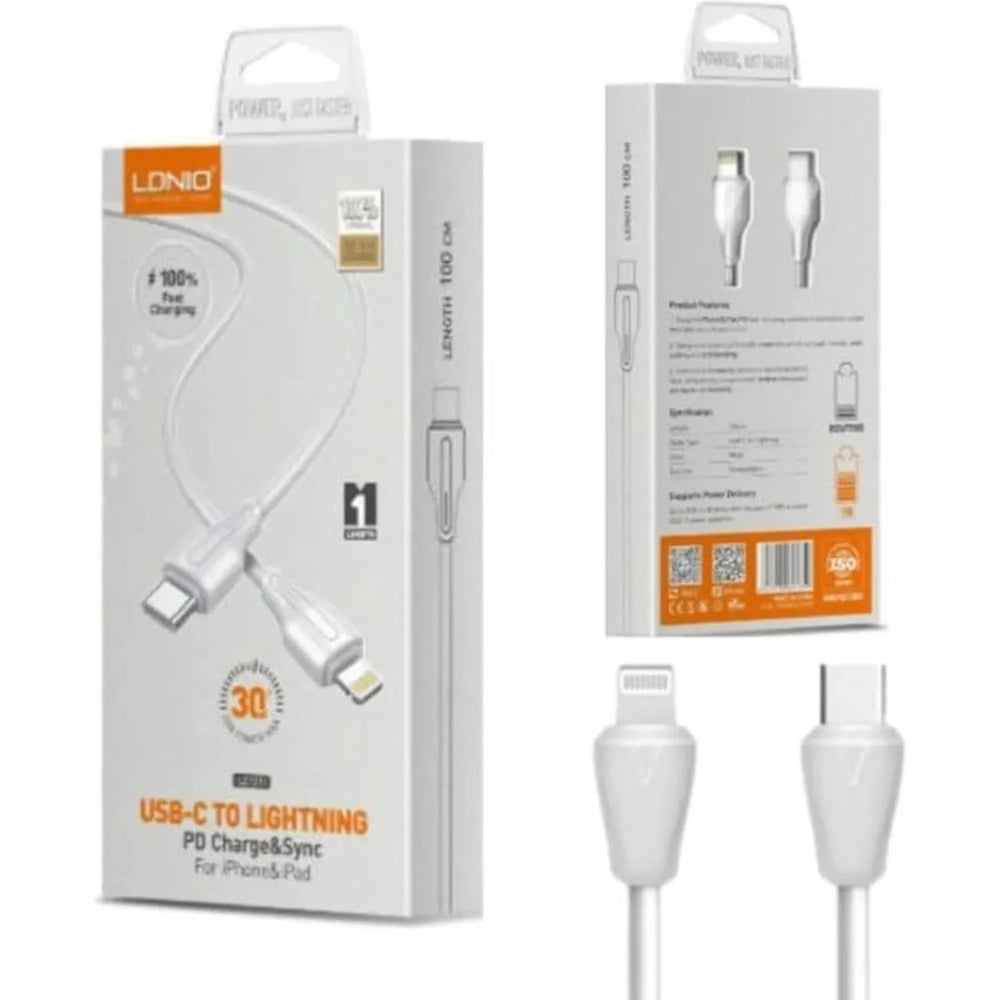 LDNIO LC132I USB-C naar Lightning Kabel – 2 Meter – 30W Fast Charge Oplaadkabel – Wit-Ilumina Benelux