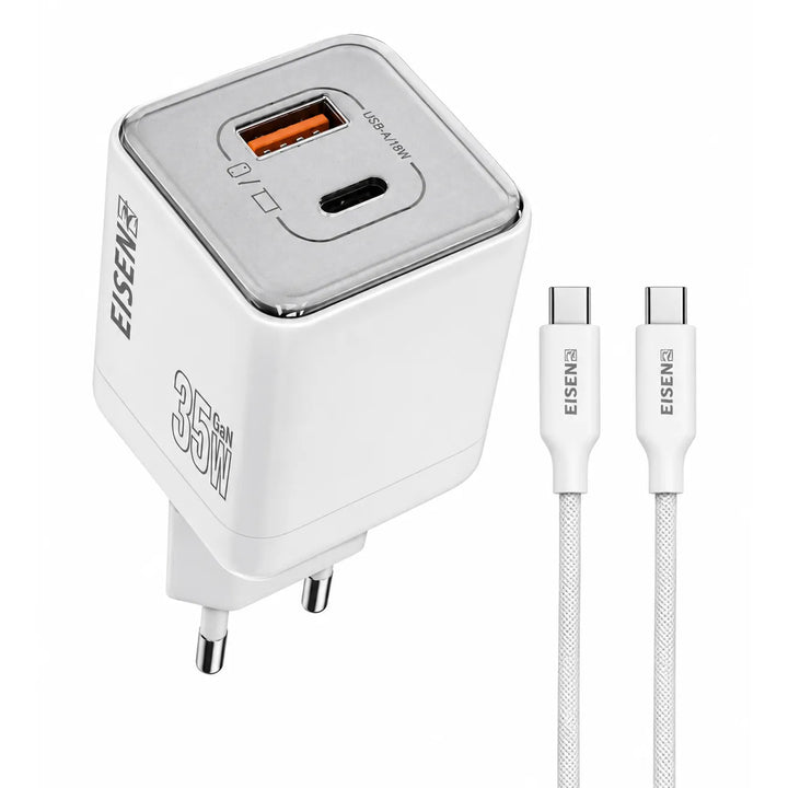 35W GaN Snellader USB-C PD + USB-A Oplader met USB-C Kabel – Wit-Ilumina Benelux