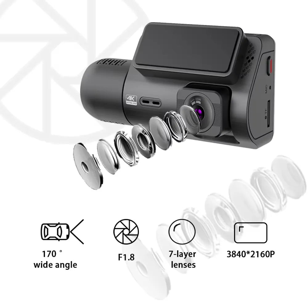 4K Dashcam Voorruit + Interieur Camera met GPS – 2160P Front & 1080P Cabin – WiFi App – Parkeermodus – 256GB Ondersteuning