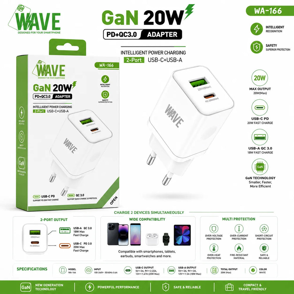 GaN Snellader 20W USB-C PD + USB-A QC 3.0 – 2 Poorten – Compacte Reisoplader Wit-Ilumina Benelux