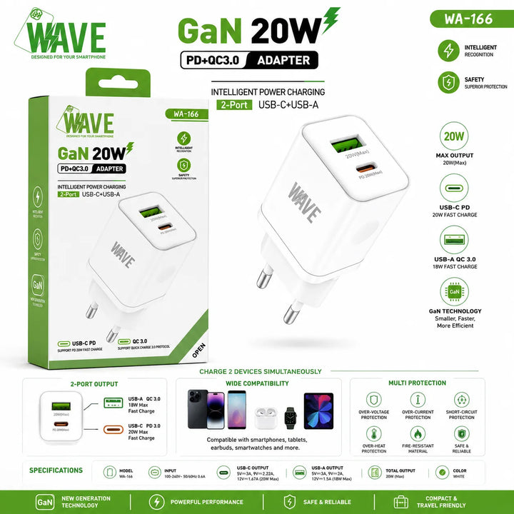 GaN Snellader 20W USB-C PD + USB-A QC 3.0 – 2 Poorten – Compacte Reisoplader Wit-Ilumina Benelux