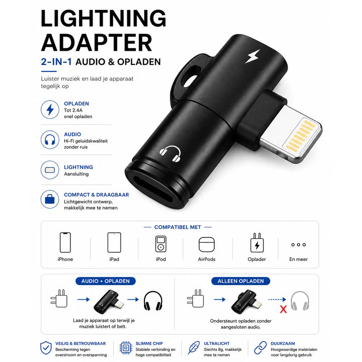 Lightning Audio Splitter Adapter 2-in-1 Geschikt voor iPhone - Opladen & Audio Beluisteren - Dubbele Lightning Poorten - HiFi Geluidskwaliteit - Plug & Play-Ilumina Benelux