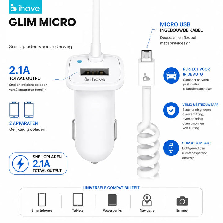 iHave Glim Micro Autolader – 2.1A Dual USB Autolader met Micro USB Kabel – Wit-Ilumina Benelux
