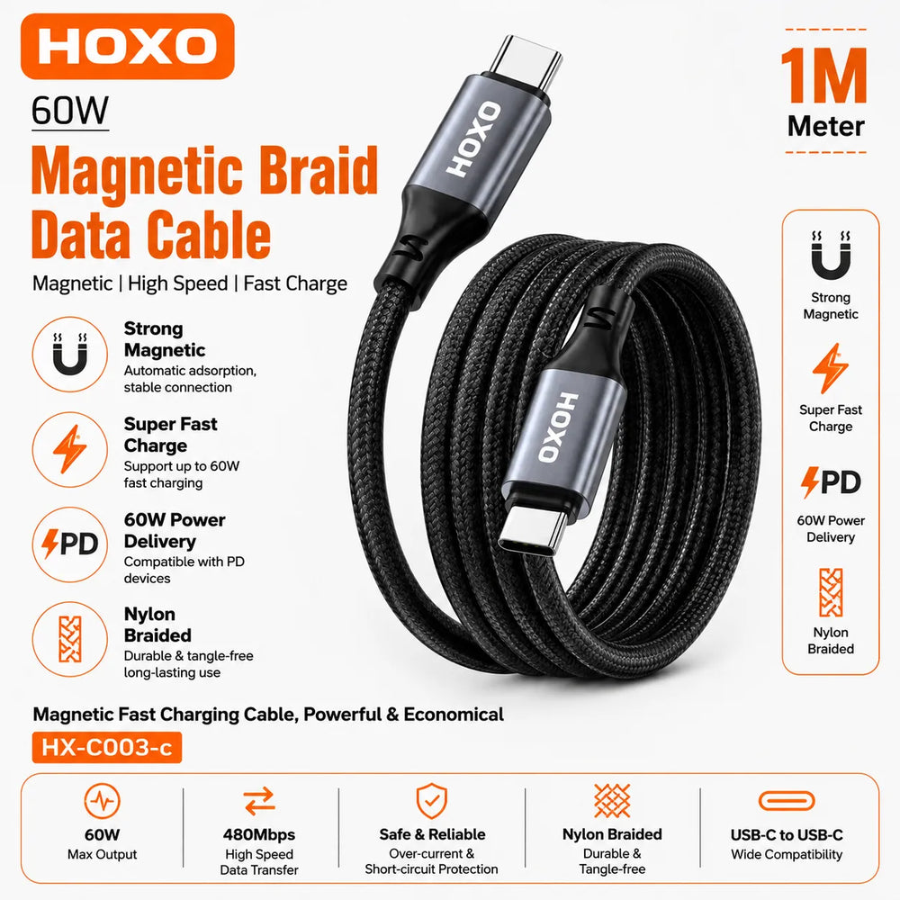 Magnetic Braid USB-C naar USB-C Data Kabel 60W 1 Meter