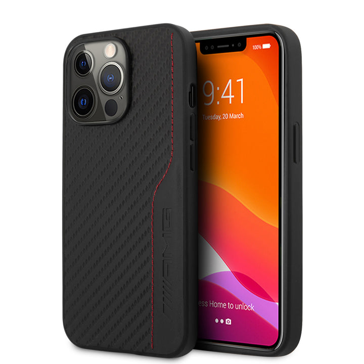 AMG iPhone 13 Pro Backcover hoesje - Carbon Effect - Leather & Red Stitching - Zwart-Hoesjes-Ilumina Benelux