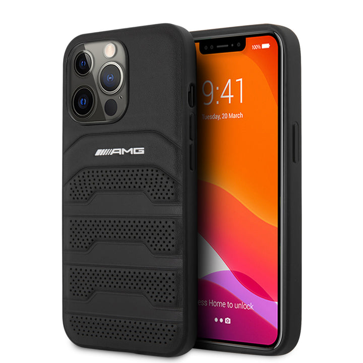 AMG iPhone 13 Pro Backcover hoesje - Debossed Lines - White Logo - Zwart-Hoesjes-Ilumina Benelux