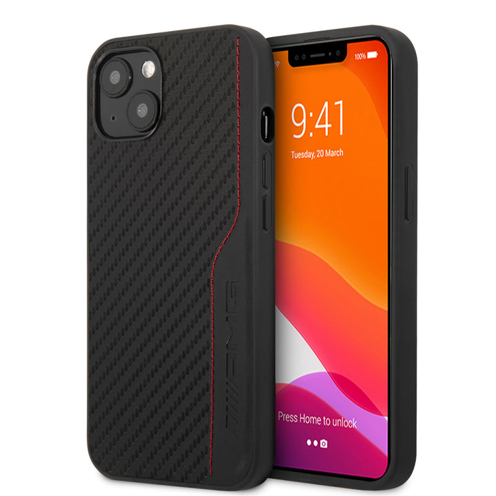AMG iPhone 14 & 13 Backcover hoesje - Carbon Effect - Leather & Red Stitching - Zwart-Hoesjes-Ilumina Benelux