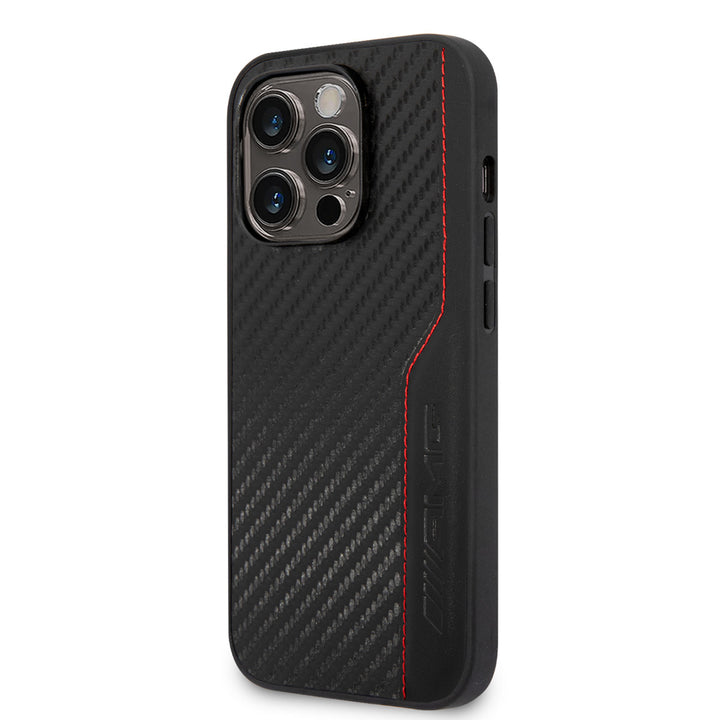 AMG iPhone 14 Pro Backcover hoesje - Carbon Effect - Leather & Red Stitching - Zwart-Hoesjes-Ilumina Benelux