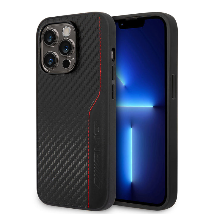 AMG iPhone 14 Pro Backcover hoesje - Carbon Effect - Leather & Red Stitching - Zwart-Hoesjes-Ilumina Benelux