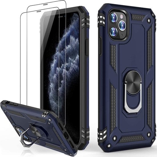 Blauwe Ring Armor backcover voor iPhone 12 Pro met schokbestendige bumper, geïntegreerde ringgrip en 2 screenprotectors.
