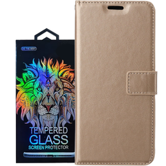 Portemonnee BookCase Hoesje + 2 Pack Screenprotector Glas Geschikt voor: Samsung Galaxy M52 5G - goud