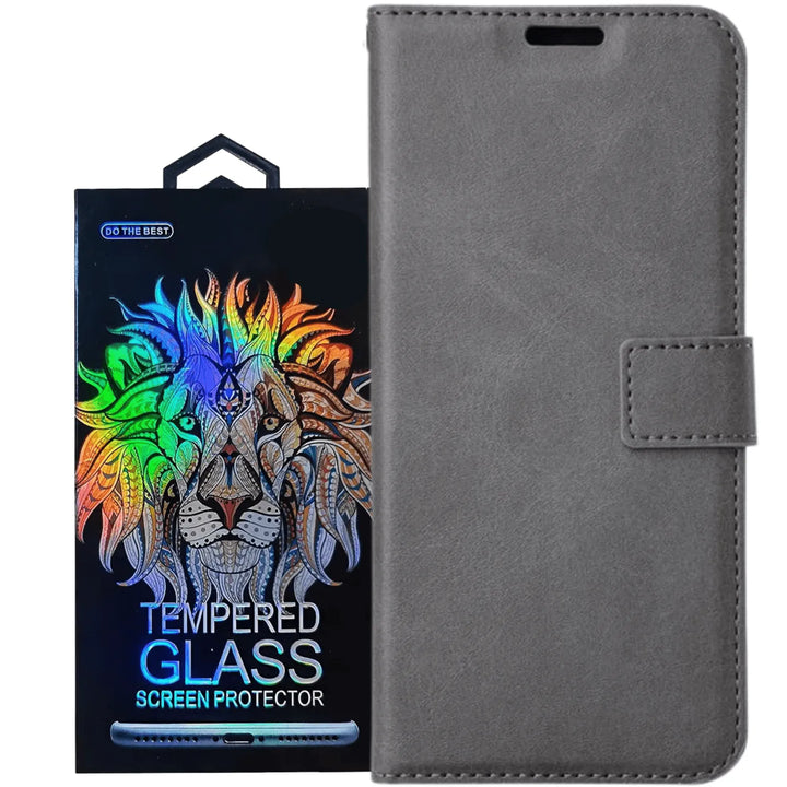 Samsung Galaxy S25 Ultra Hoesjes – Portemonnee Book Case – Pasjeshouder – 2x Screenprotector Gehard Glas – Grijs-Ilumina Benelux