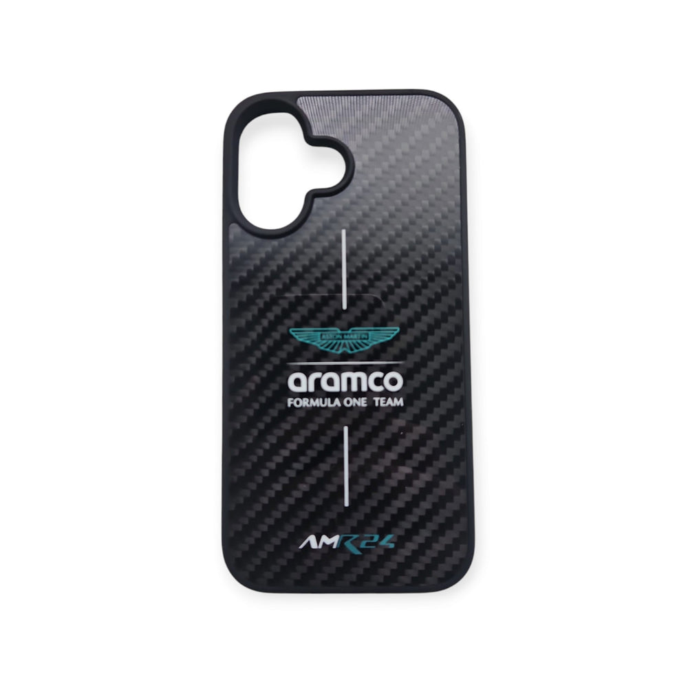 Aston Martin iPhone 16 Backcover hoesje - Carbon ARM24 Logo - Groen-Hoesjes-Ilumina Benelux