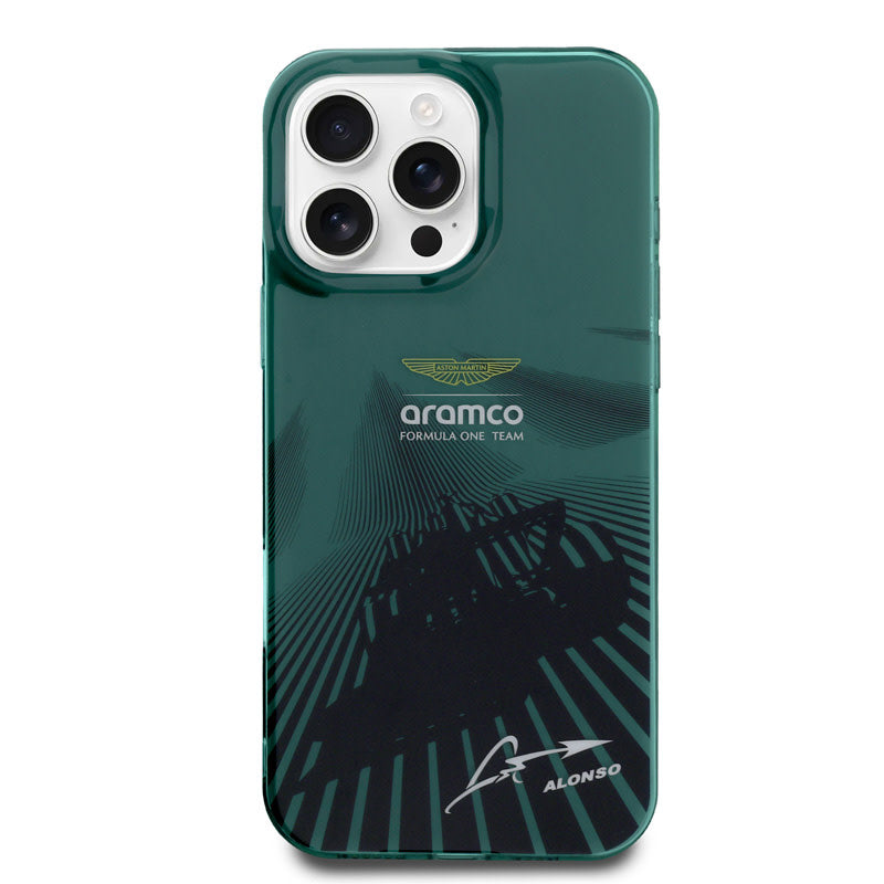 Aston Martin iPhone 16 Pro Max Backcover hoesje - IML F1 Car - Alonso Signature - Groen-Hoesjes-Ilumina Benelux