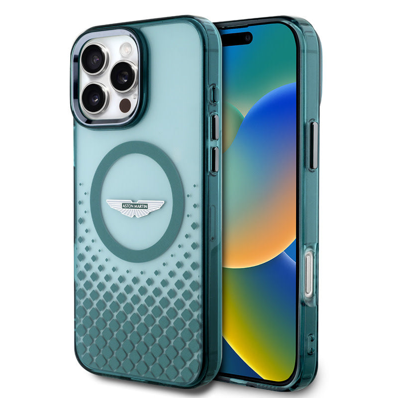 Aston Martin iPhone 16 Pro Max Backcover hoesje - Magsafe - IML Metal Gradient Squares - Groen-Hoesjes-Ilumina Benelux