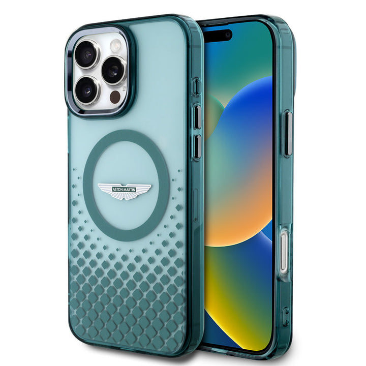 Aston Martin iPhone 16 Pro Max Backcover hoesje - Magsafe - IML Metal Gradient Squares - Groen-Hoesjes-Ilumina Benelux