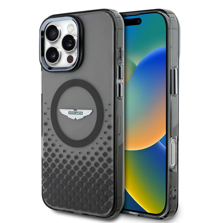 Aston Martin iPhone 16 Pro Max Backcover hoesje - Magsafe - IML Metal Gradient Squares - Zwart-Hoesjes-Ilumina Benelux