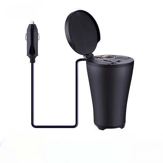 Auto omvormer – Bekerhouder 150W 12V naar 220V – Stopcontact – 2x USB 4.8A – Sigarettenaansteker – Zwart-Ilumina Benelux