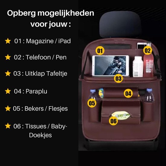 Autostoel organizer – Carseat organiser met tablethouder – Auto tafeltje – Bekerhouder – Tissue & paraplu houder – Zwart-Ilumina Benelux