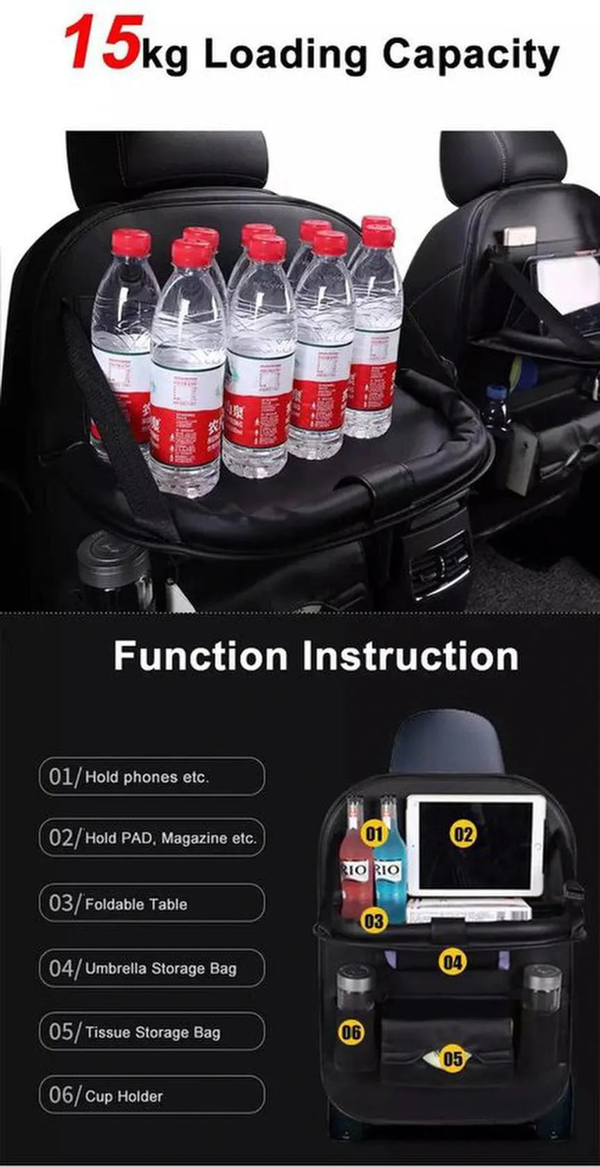 Autostoel organizer – Carseat organiser met tablethouder – Auto tafeltje – Bekerhouder – Tissue & paraplu houder – Zwart-Ilumina Benelux