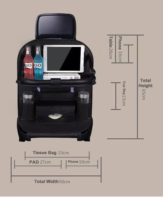 Autostoel organizer – Carseat organiser met tablethouder – Auto tafeltje – Bekerhouder – Tissue & paraplu houder – Zwart-Ilumina Benelux