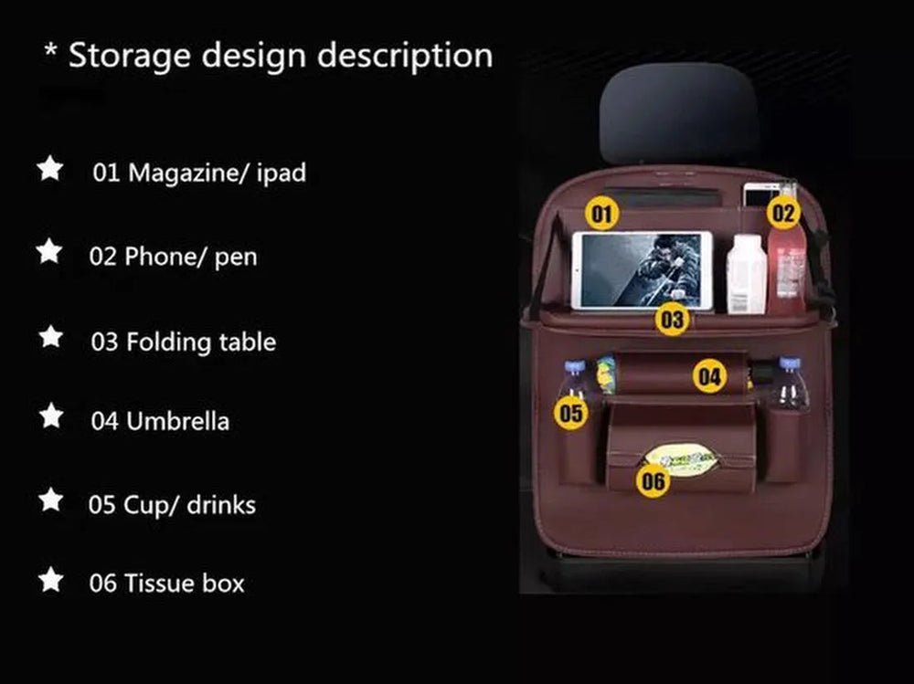 Autostoel organizer – Carseat organiser met tablethouder – Auto tafeltje – Bekerhouder – Tissue & paraplu houder – Zwart-Ilumina Benelux
