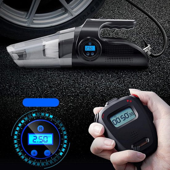 Autostofzuiger auto – 4-in-1 handstofzuiger 8000Pa – Compressor & bandenspanningsmeter – Nat/Droog 12V 120W – LED-lamp-Kruimelzuiger-Ilumina Benelux