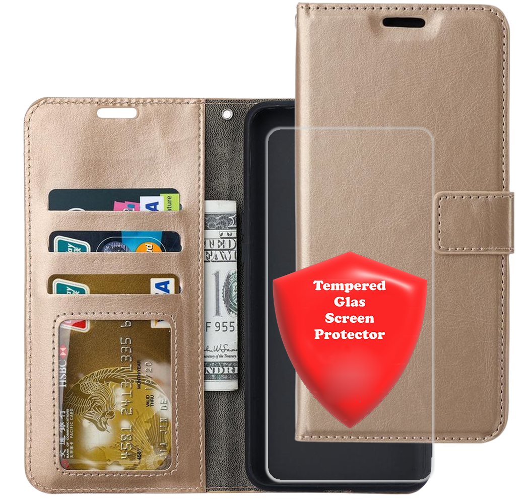 Bookcase Geschikt voor: Motorola Moto E6i - Goud - Portemonnee hoesje met 1x Screenprotector