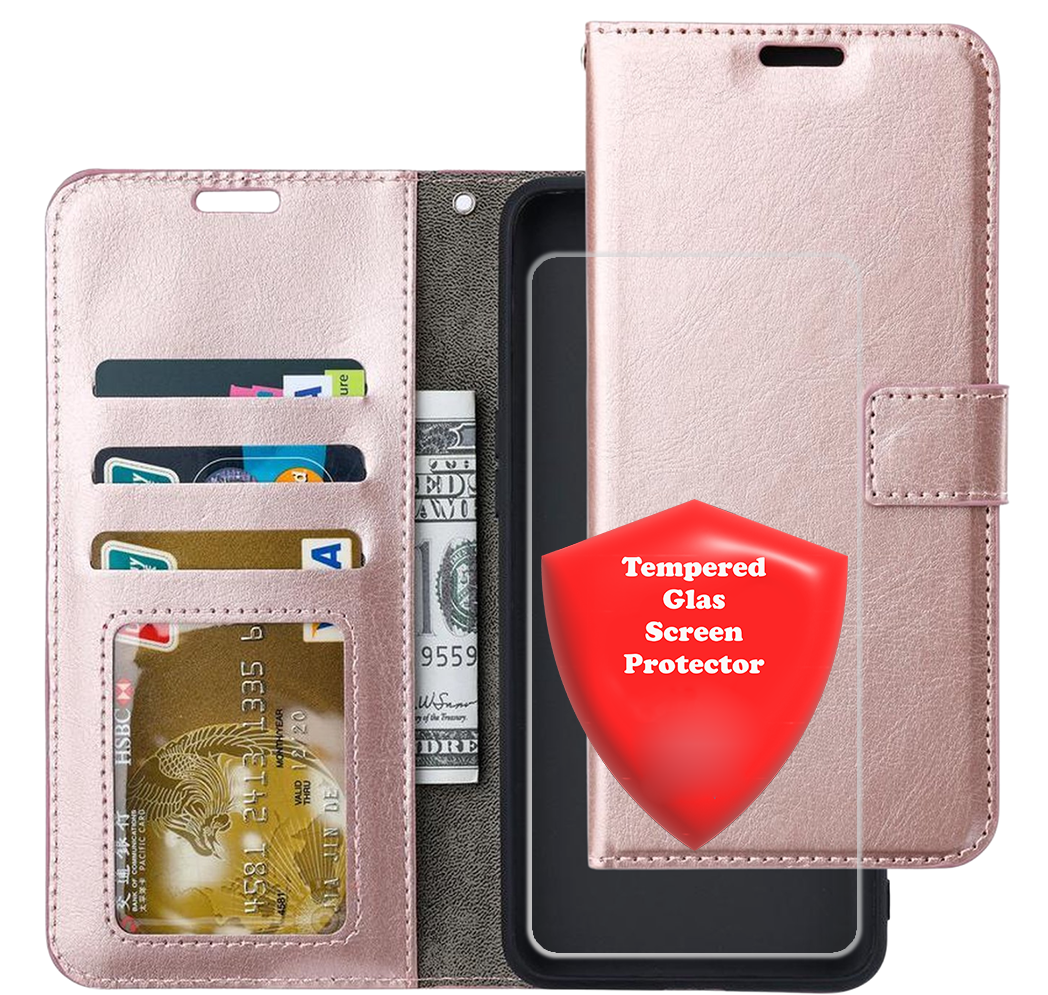 Bookcase Geschikt voor: Motorola Moto E6i - Roségoud - Portemonnee hoesje met 3x Screenprotector