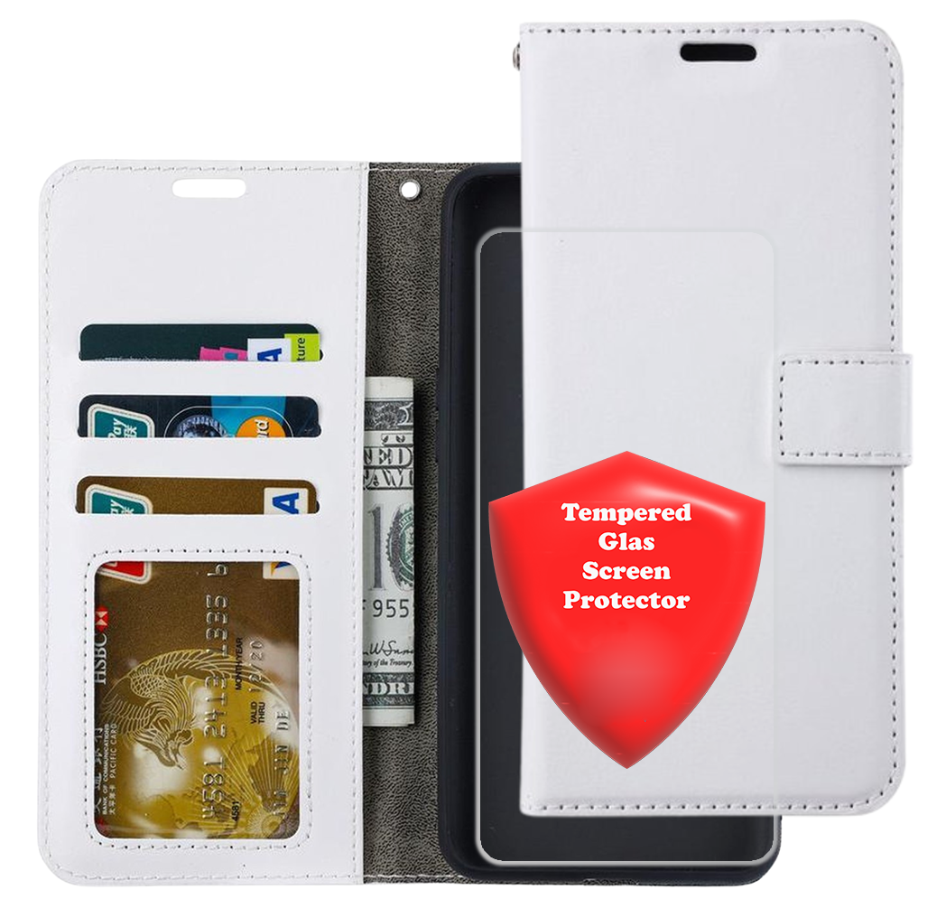 Bookcase Geschikt voor: Samsung Galaxy A73 5G Wit - Portemonnee hoesje met 1x Glas Screenprotector