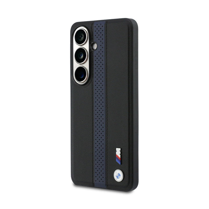 BMW Samsung Galaxy S26 Backcover hoesje - MagSafe PU Leather - Perforated Blue Stripe - Zwart-Hoesjes-Ilumina Benelux