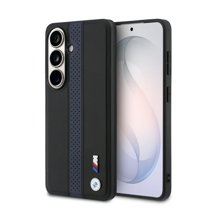 BMW Samsung Galaxy S26 Backcover hoesje - MagSafe PU Leather - Perforated Blue Stripe - Zwart-Hoesjes-Ilumina Benelux