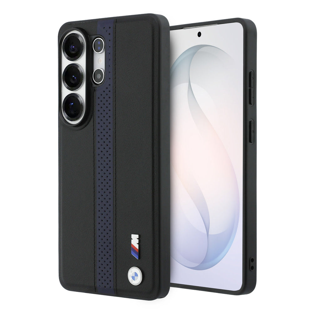 BMW Samsung Galaxy S26 Ultra Backcover hoesje - MagSafe PU Leather - Perforated Blue Stripe - Zwart-Hoesjes-Ilumina Benelux
