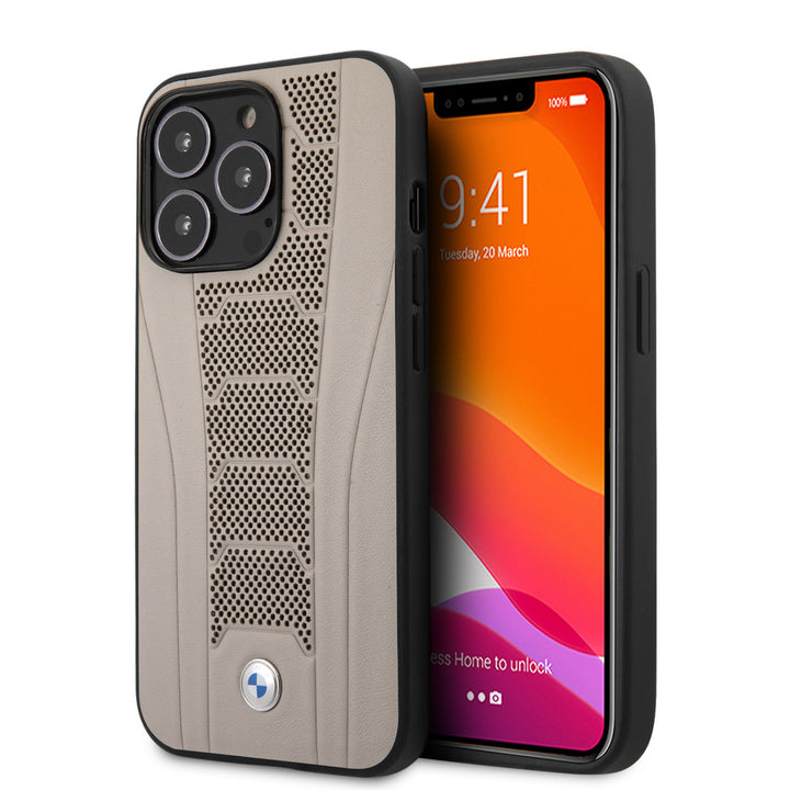 BMW iPhone 13 Pro Backcover hoesje - Leather Signature - Perforated Deboss Line - Beige-Hoesjes-Ilumina Benelux