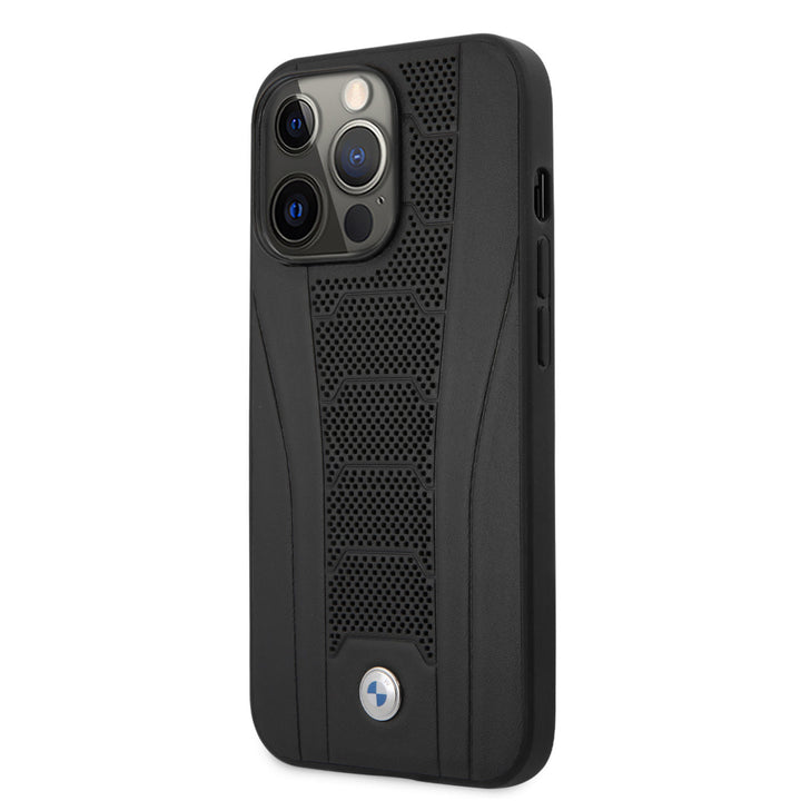 BMW iPhone 13 Pro Backcover hoesje - Leather Signature - Perforated Deboss Line - Zwart-Hoesjes-Ilumina Benelux