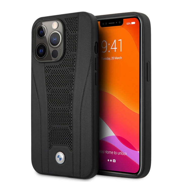 BMW iPhone 13 Pro Backcover hoesje - Leather Signature - Perforated Deboss Line - Zwart-Hoesjes-Ilumina Benelux