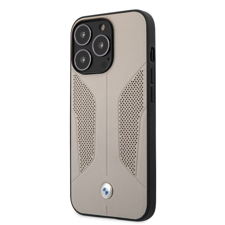 BMW iPhone 13 Pro Backcover hoesje - Leather Signature - Perforated Sides - Grijs-Hoesjes-Ilumina Benelux