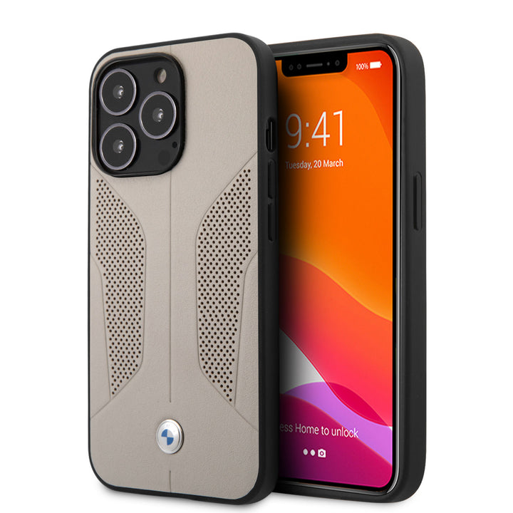 BMW iPhone 13 Pro Backcover hoesje - Leather Signature - Perforated Sides - Grijs-Hoesjes-Ilumina Benelux