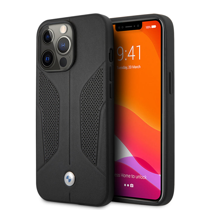 BMW iPhone 13 Pro Backcover hoesje - Leather Signature - Perforated Sides - Zwart-Hoesjes-Ilumina Benelux