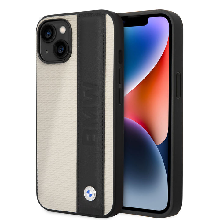 BMW iPhone 14 & 13 Hardcase Backcover - Textured & Logo Stripe - Beige-Hoesjes-Ilumina Benelux