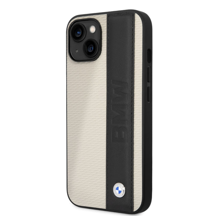 BMW iPhone 14 & 15 Plus Hardcase Backcover - Textured & Logo Stripe - Beige-Hoesjes-Ilumina Benelux