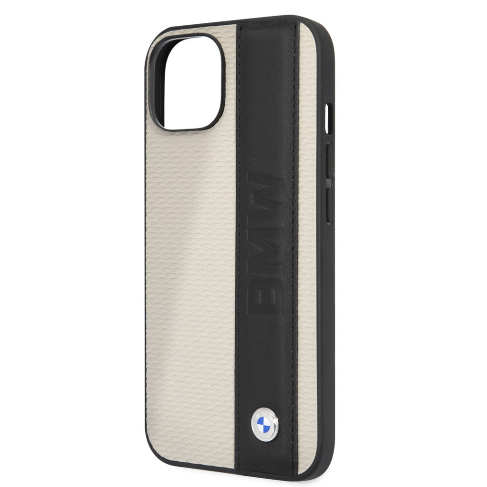 BMW iPhone 14 & 15 Plus Hardcase Backcover - Textured & Logo Stripe - Beige-Hoesjes-Ilumina Benelux