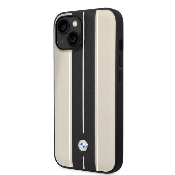 BMW iPhone 14 Plus & 15 Plus Backcover hoesje - Beige Leather Signature - Hot Stamp Lines - Beige-Hoesjes-Ilumina Benelux