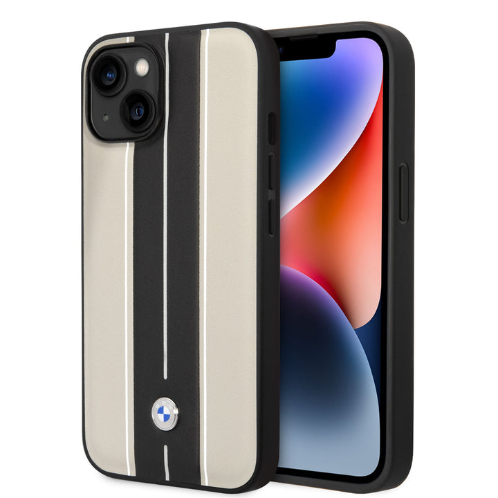 BMW iPhone 14 Plus & 15 Plus Backcover hoesje - Beige Leather Signature - Hot Stamp Lines - Beige-Hoesjes-Ilumina Benelux