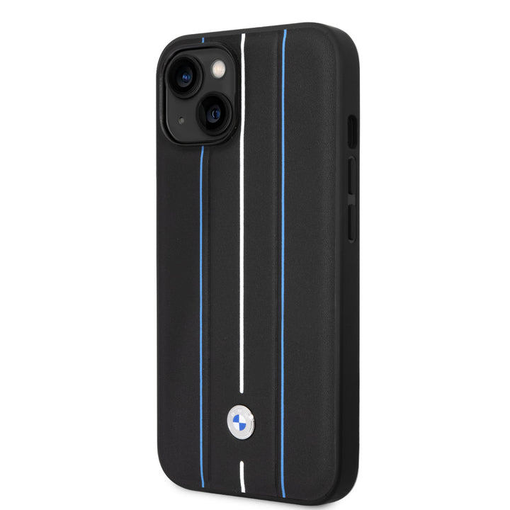 BMW iPhone 14 Plus & 15 Plus Backcover hoesje - Blue Leather Signature - Hot Stamp Lines - Zwart-Hoesjes-Ilumina Benelux