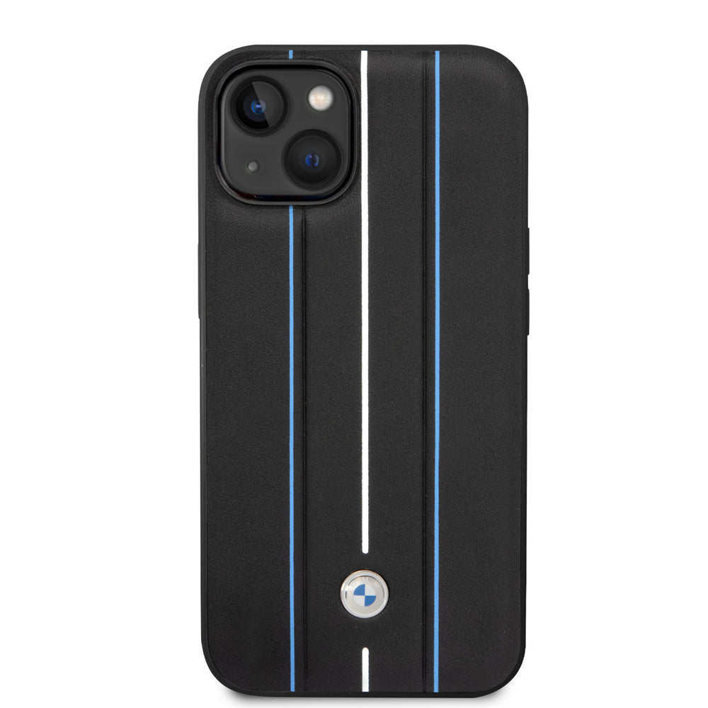 BMW iPhone 14 Plus & 15 Plus Backcover hoesje - Blue Leather Signature - Hot Stamp Lines - Zwart-Hoesjes-Ilumina Benelux