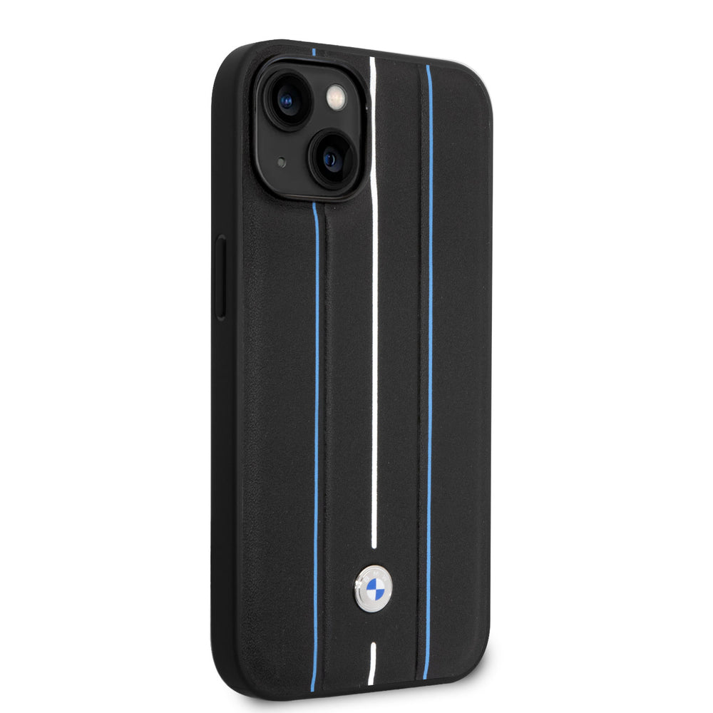 BMW iPhone 14 Plus & 15 Plus Backcover hoesje - Blue Leather Signature - Hot Stamp Lines - Zwart-Hoesjes-Ilumina Benelux
