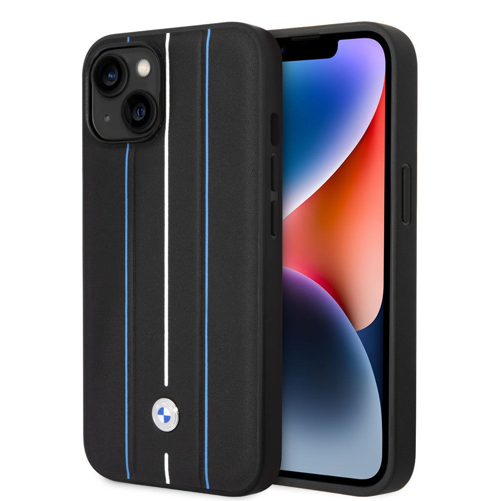 BMW iPhone 14 Plus & 15 Plus Backcover hoesje - Blue Leather Signature - Hot Stamp Lines - Zwart-Hoesjes-Ilumina Benelux
