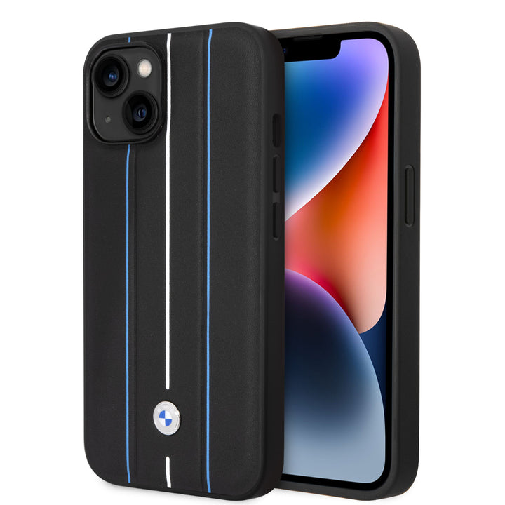 BMW iPhone 14 Plus & 15 Plus Backcover hoesje - Blue Leather Signature - Hot Stamp Lines - Zwart-Hoesjes-Ilumina Benelux