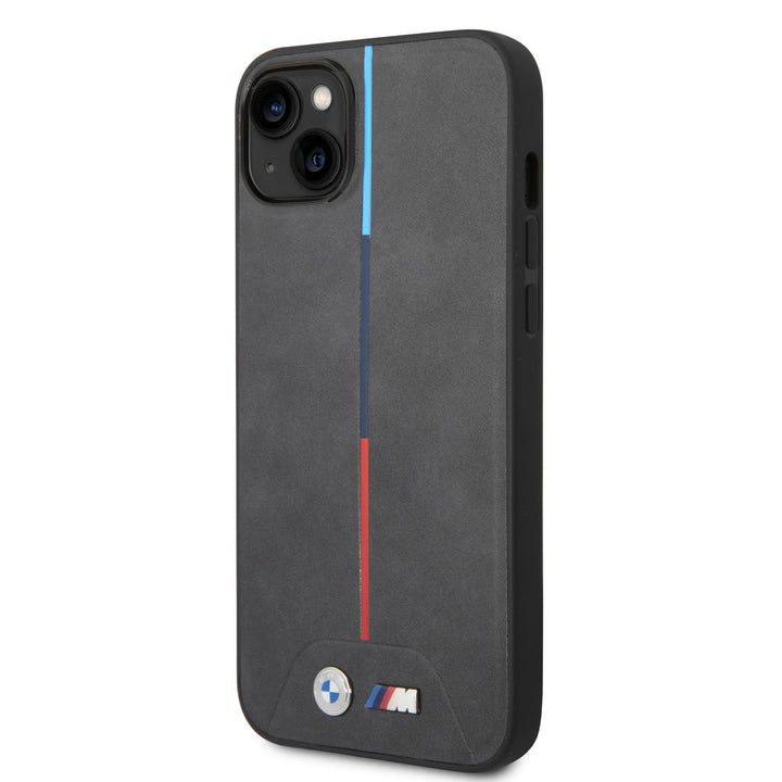 BMW iPhone 14 Plus & 15 Plus Backcover hoesje - M Collection - Quilted - Tricolor Stripe - Grijs-Hoesjes-Ilumina Benelux